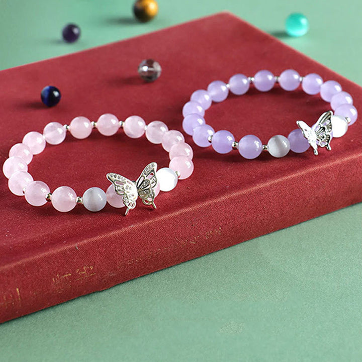 Buddha Stones Calcedonia Azul Cristal Rosa Calcedonia Púrpura Mariposa Pulsera Energética