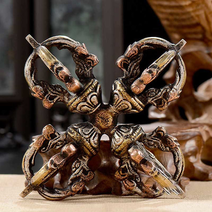 Tibetano hecho a mano 5 puntas doble Dorje cobre hierro Thunderbolt fuerza Vajra