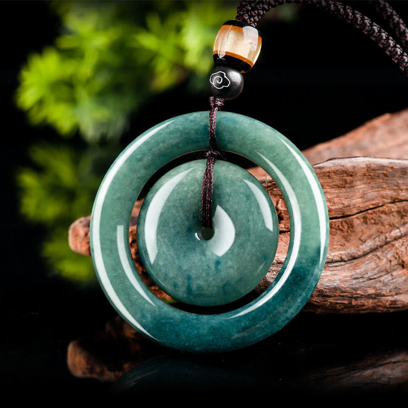 Collar con colgante de jade redondo natural con Buddha Stones, hebilla de paz, suerte y prosperidad