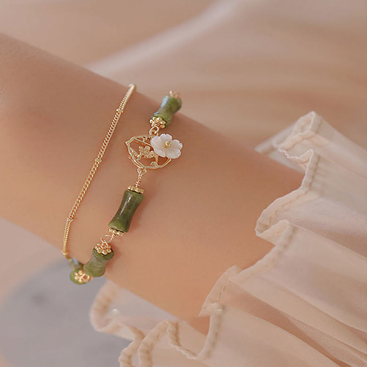 Pulsera de doble capa de cobre chapado en oro de 14 quilates con Buddha Stones , peridoto, flor de bambú y riqueza