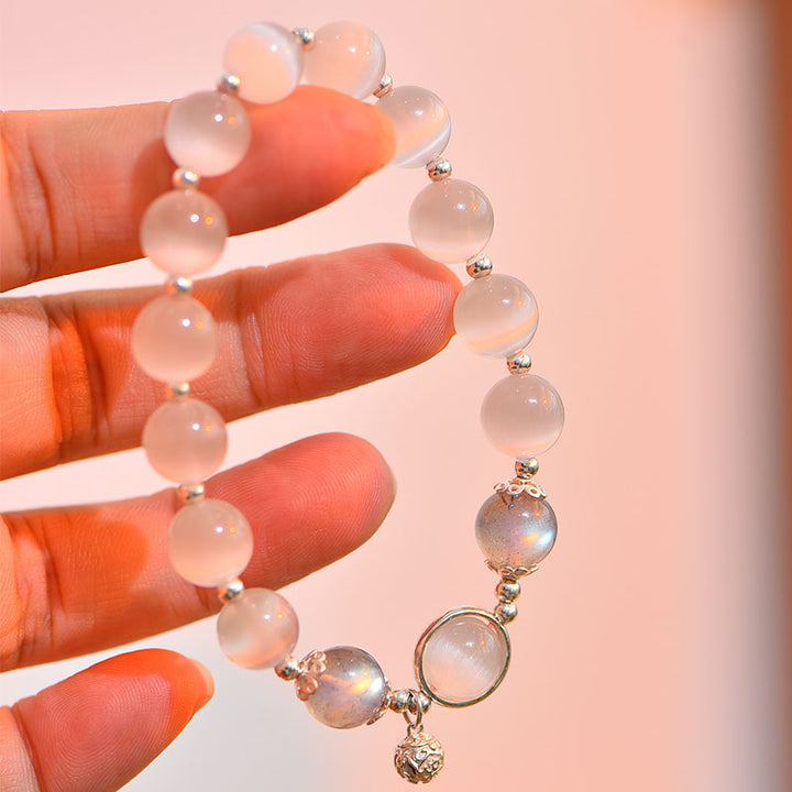 Pulsera de apoyo de amor con piedra lunar y ojo de gato de plata de ley 925 de Buddha Stones