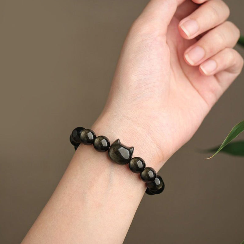 Buddha Stones Obsidiana con brillo dorado Obsidiana con brillo plateado Pata encantadora Pulsera de protección del gato de la suerte - image 7