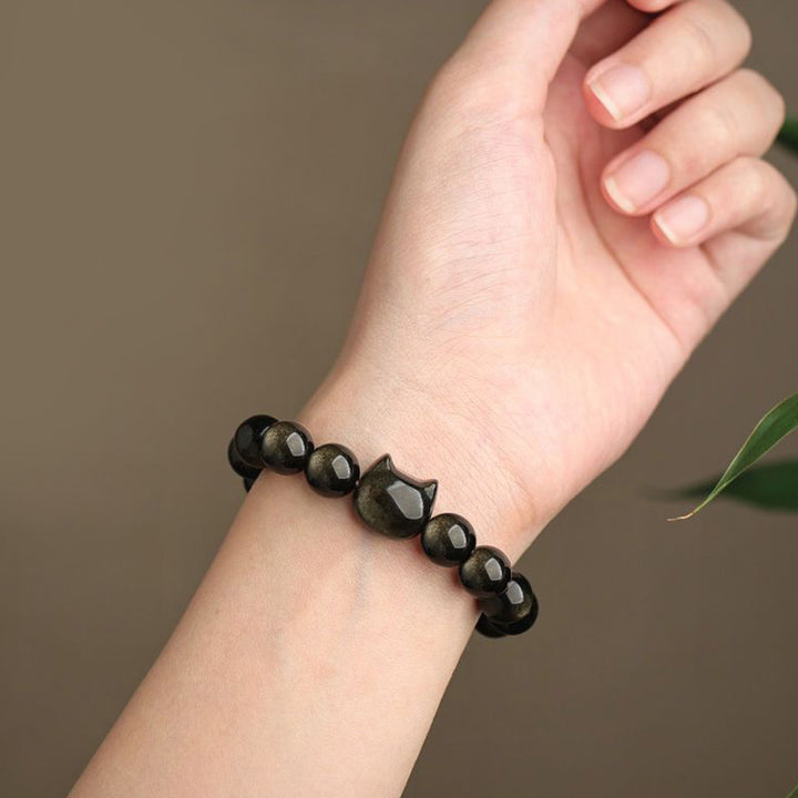 Buddha Stones Obsidiana con brillo dorado Obsidiana con brillo plateado Pata encantadora Pulsera de protección del gato de la suerte - image 7