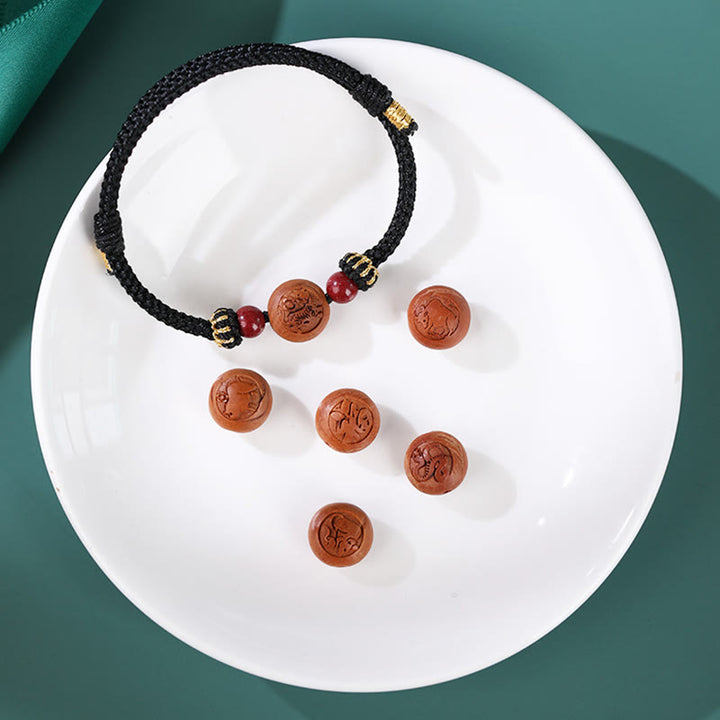 Pulsera de riqueza de cinabrio tallada con carácter del zodíaco chino, madera de melocotón Natural, Buddha Stones - image 13