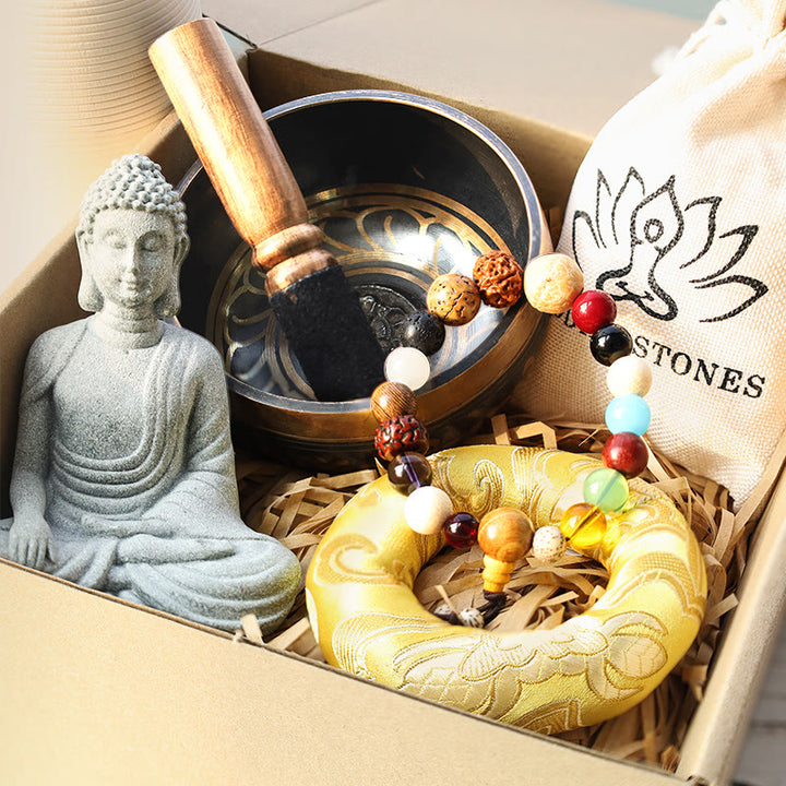 Paquete de regalo de paz para meditación tibetana con Buddha Stones