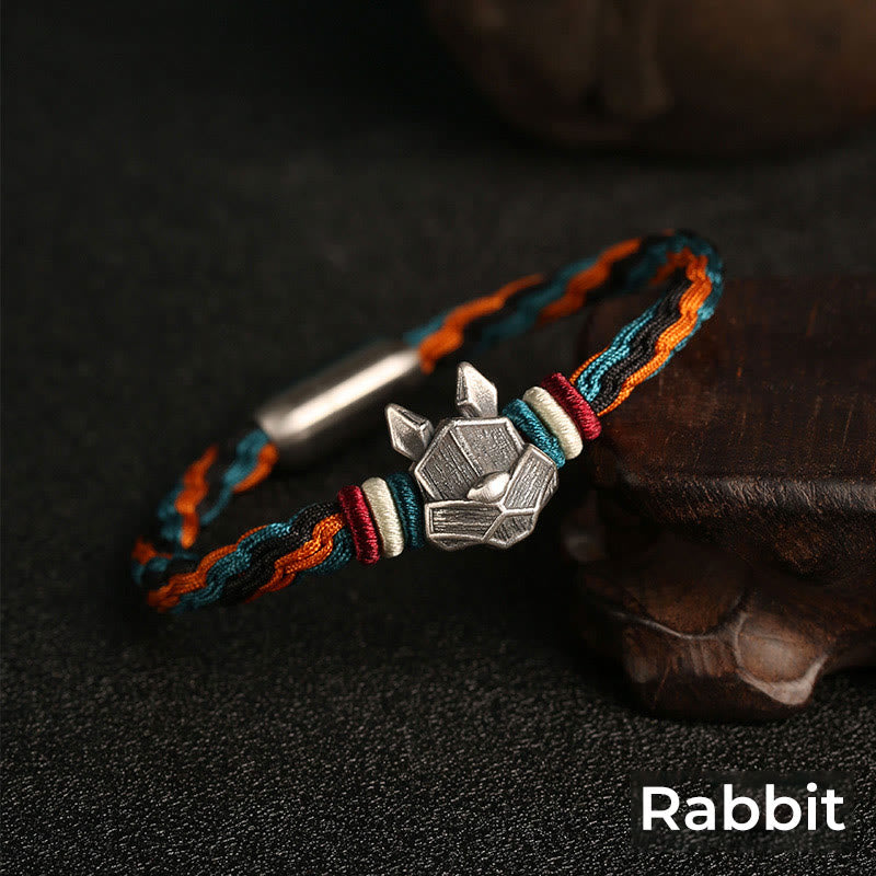 Pulsera de cuerda con nudo de reencarnación colorida, protección del zodíaco chino, Año del Dragón, plata de ley 999 hecha a mano con Buddha Stones - Conejo - 19 centímetros - image 14