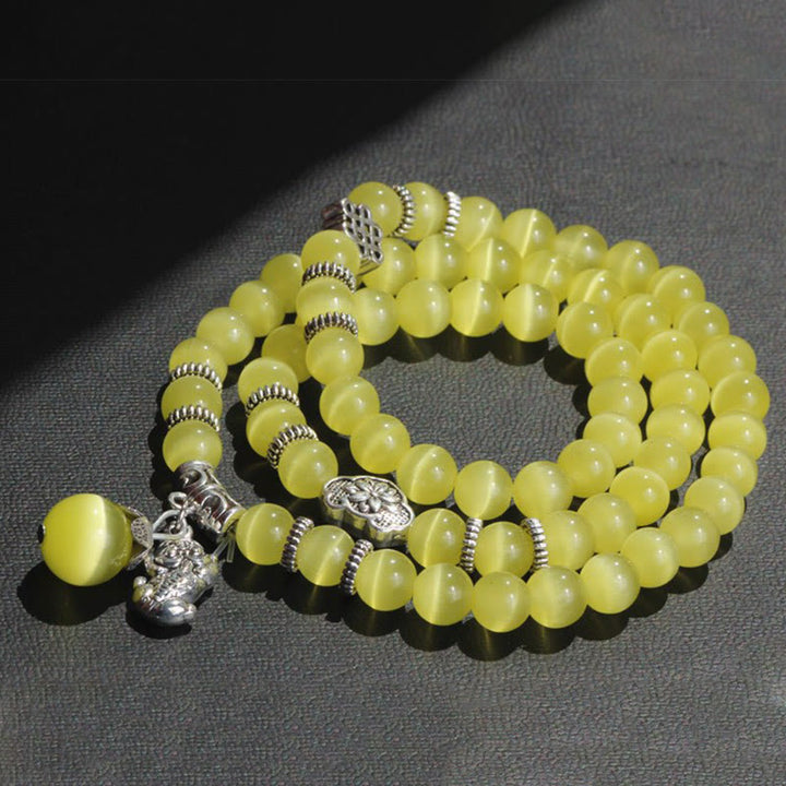 Pulsera de triple vuelta con soporte PiXiu de ojo de gato y Buddha Stones