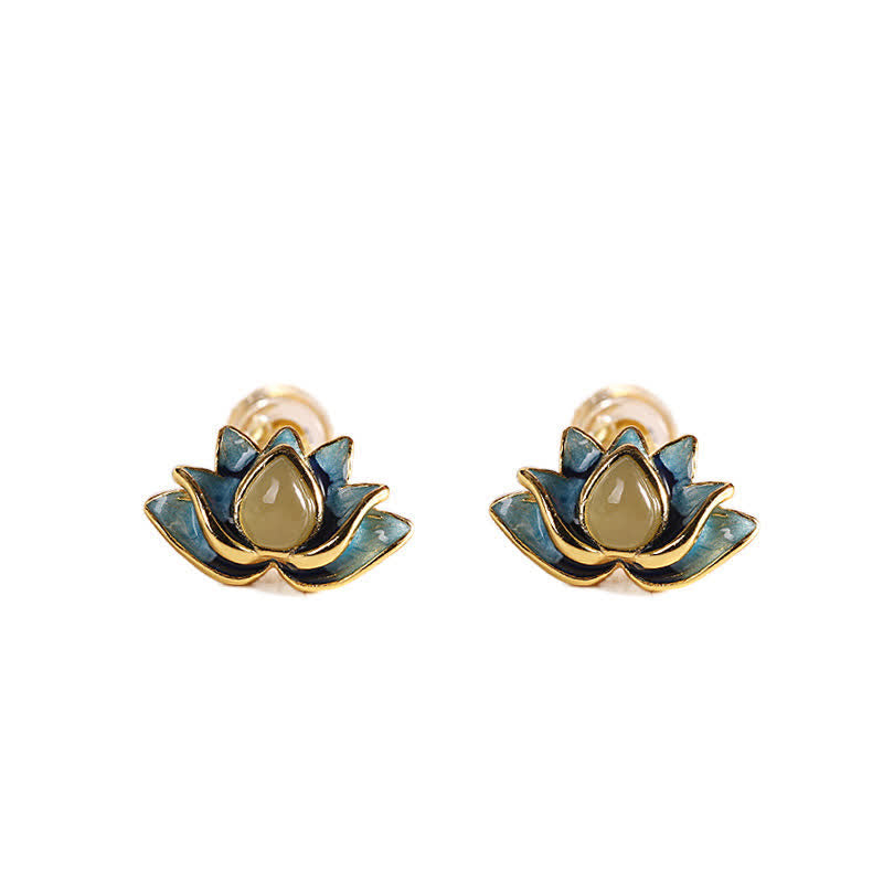 Pendientes de éxito de flor de loto de jade cian hetiano de plata de ley 925