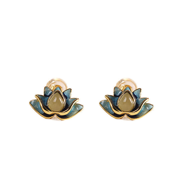Pendientes de éxito de flor de loto de jade cian hetiano de plata de ley 925