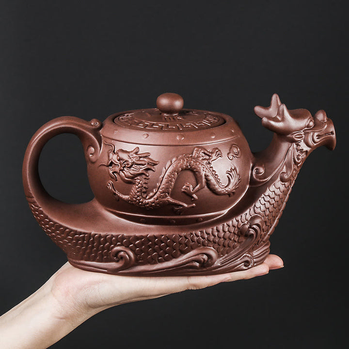 Tetera de cerámica de arcilla púrpura con nubes propicias de dragón Vintage con Buddha Stones
