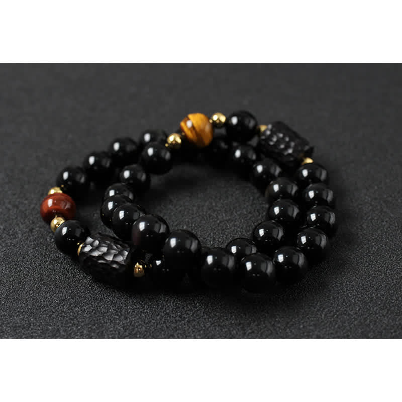 Pulsera de pareja de fuerza de ojo de tigre rojo de madera de ébano de obsidiana negra