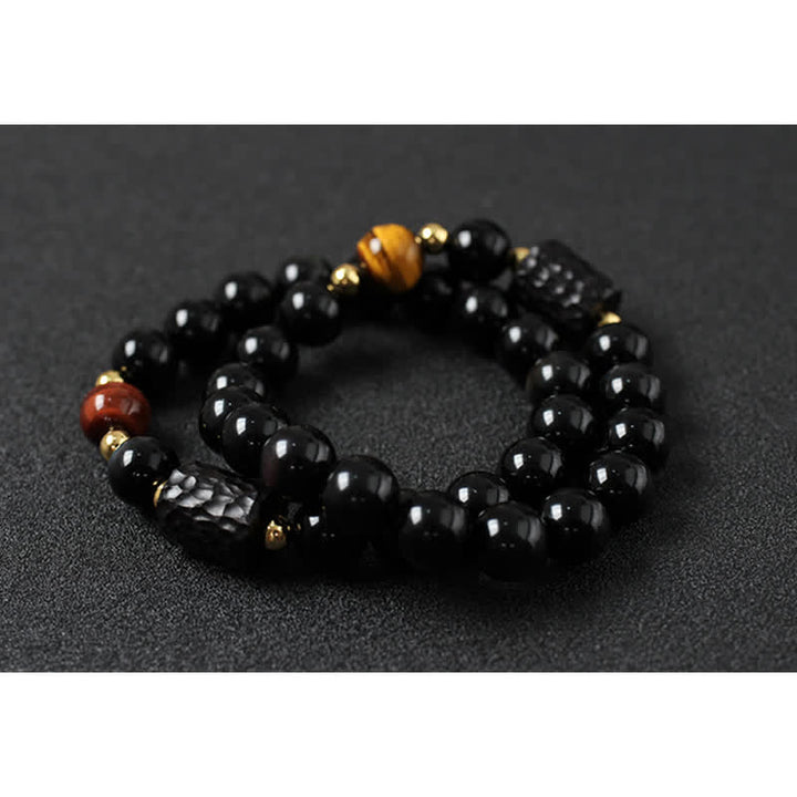 Pulsera de pareja de fuerza de ojo de tigre rojo de madera de ébano de obsidiana negra