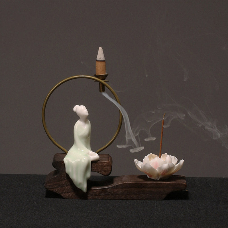Quemador de incienso de meditación curativa de loto de cerámica con Buddha Stones , decoración