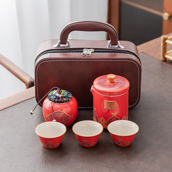 Tetera de cerámica de Gongfu chino con flores de Buddha Stones , bolsa portátil para juego de té de viaje al aire libre - Rojo - 1 tetera + 3 tazas + 1 bolso + 1 lata de té - image 25
