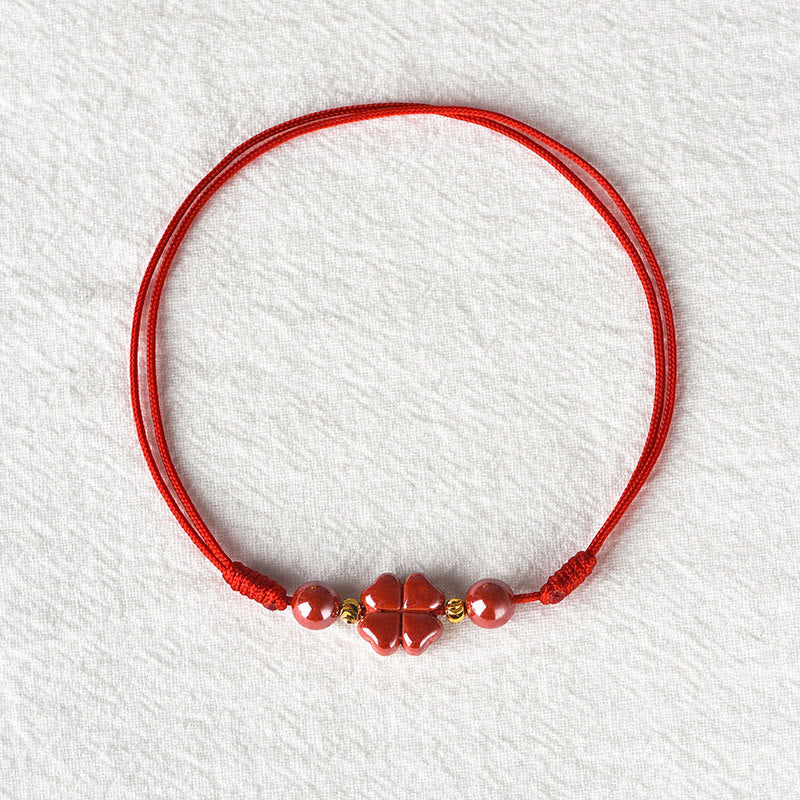 Pulsera tobillera con Buddha Stones, trébol de cuatro hojas, cinabrio, bendición, calma