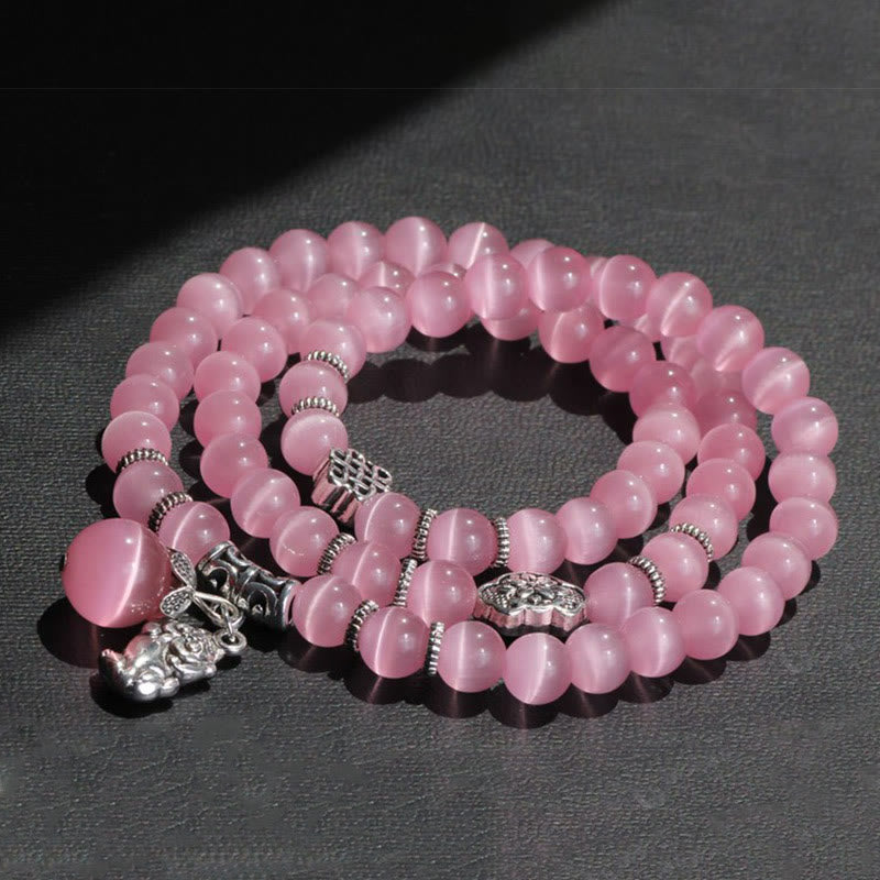 Pulsera de triple vuelta con soporte PiXiu de ojo de gato y Buddha Stones