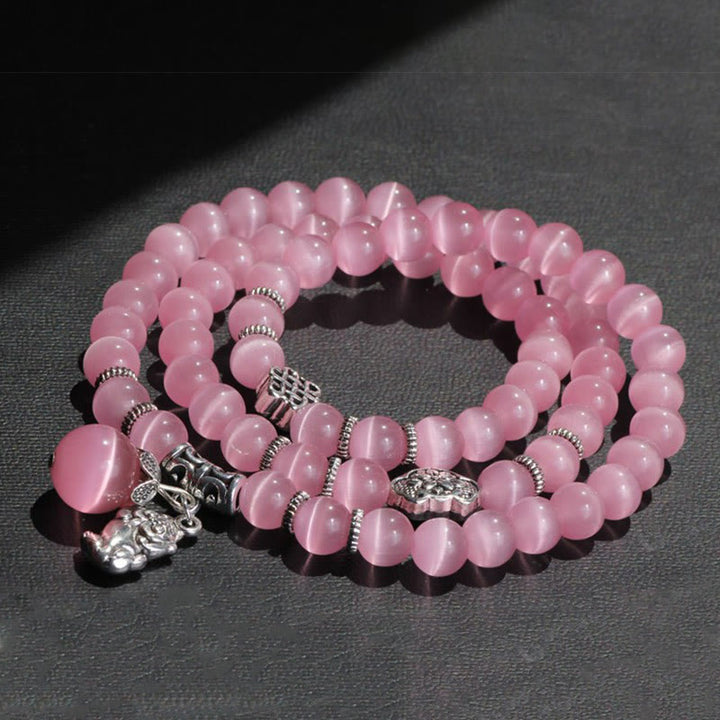 Pulsera de triple vuelta con soporte PiXiu de ojo de gato y Buddha Stones