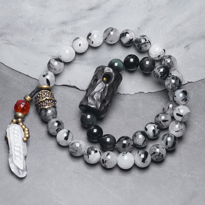 Pulsera de pareja de éxito de cristal blanco de madera de ébano de cuarzo rutilado negro