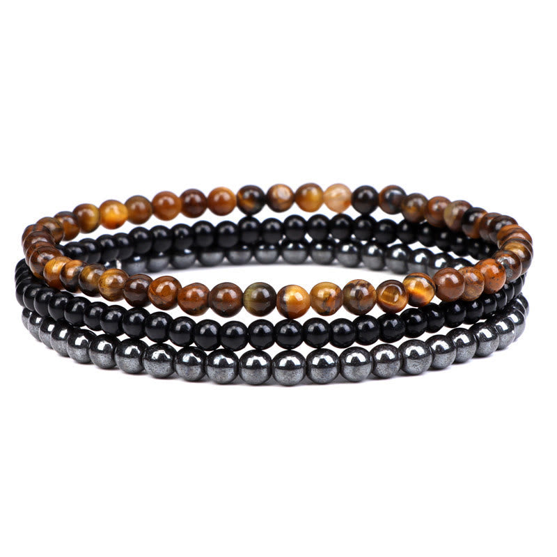 Buddha Stones 3 piezas de piedra de cristal natural paz interior pulsera espiritual - Cuentas de ojo de tigre de 4 mm, vidrio negro y hematita (circunferencia de muñeca: 15-16 cm) - image 19