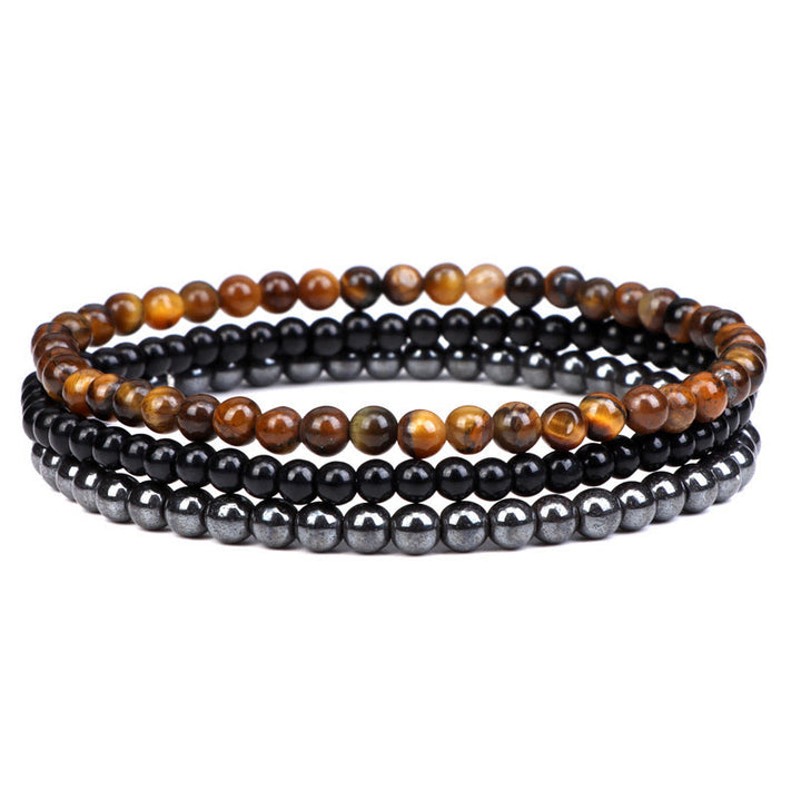 Buddha Stones 3 piezas de piedra de cristal natural paz interior pulsera espiritual - Cuentas de ojo de tigre de 4 mm, vidrio negro y hematita (circunferencia de muñeca: 15-16 cm) - image 19