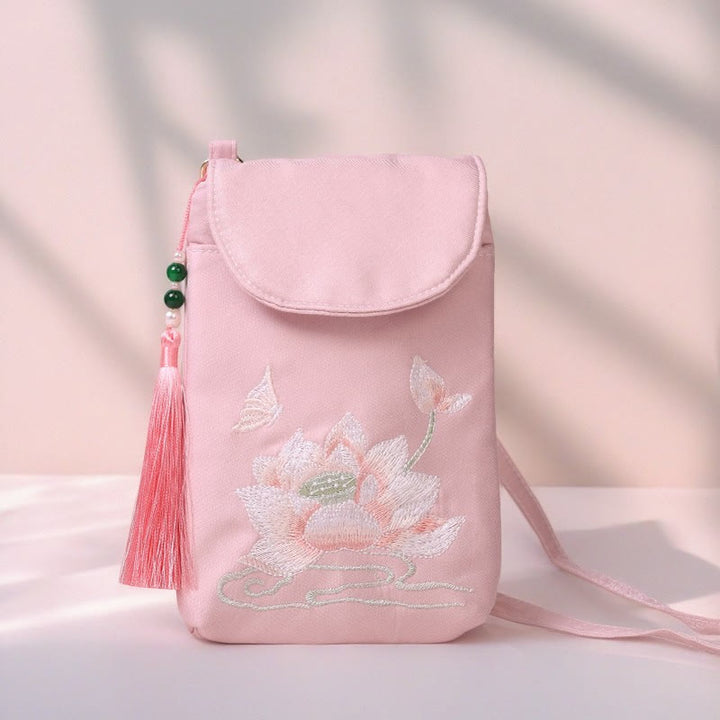 Bolso bandolera con flores bordadas pequeñas y Buddha Stones, bolso de hombro, bolso para móvil de doble capa