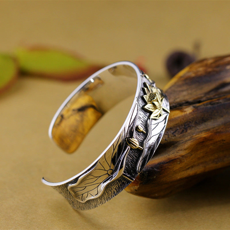 Pulsera ajustable con diseño de flor de loto de plata de ley 925 con Buddha Stones