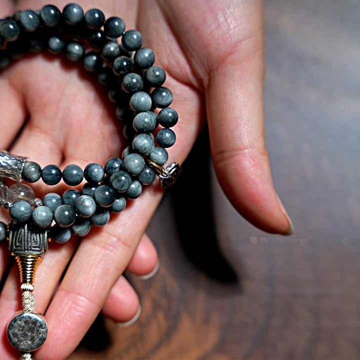 Buddha Stones Plata de Ley 925 108 Cuentas Mala Piedra Ojo de Águila Pulsera Positiva de Piedra Lunar