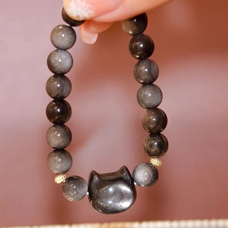 Buddha Stones Obsidiana con brillo dorado Obsidiana con brillo plateado Pata encantadora Pulsera de protección del gato de la suerte - image 37