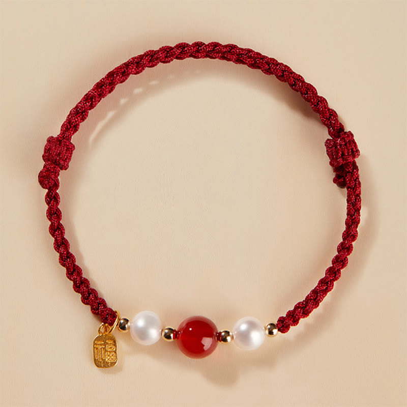 Pulsera trenzada de hilo rojo con perlas de ágata y personaje de buena fortuna, Plata de Ley 925 con Buddha Stones