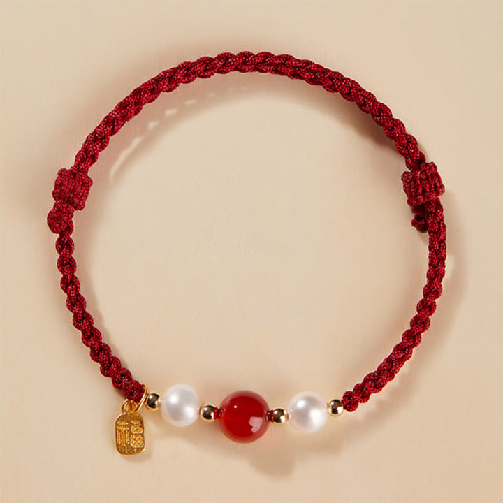 Pulsera trenzada de hilo rojo con perlas de ágata y personaje de buena fortuna, Plata de Ley 925 con Buddha Stones