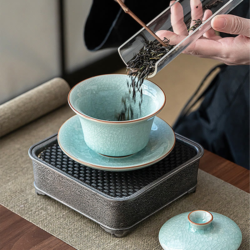 Taza de té y platillo de cerámica con esmalte de hielo, Retro verde, Buddha Stones , Gaiwan Sancai, Kung Fu