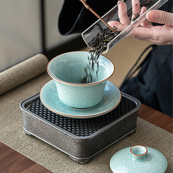 Taza de té y platillo de cerámica con esmalte de hielo, Retro verde, Buddha Stones , Gaiwan Sancai, Kung Fu