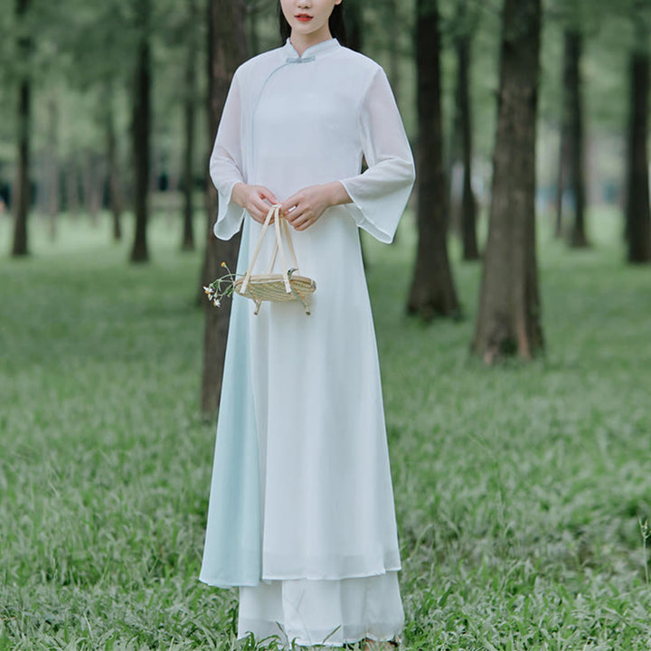 Vestido midi Cheongsam de gasa con manga tres cuartos y Buddha Stones , pantalones de pierna ancha, ropa de práctica Zen para meditación