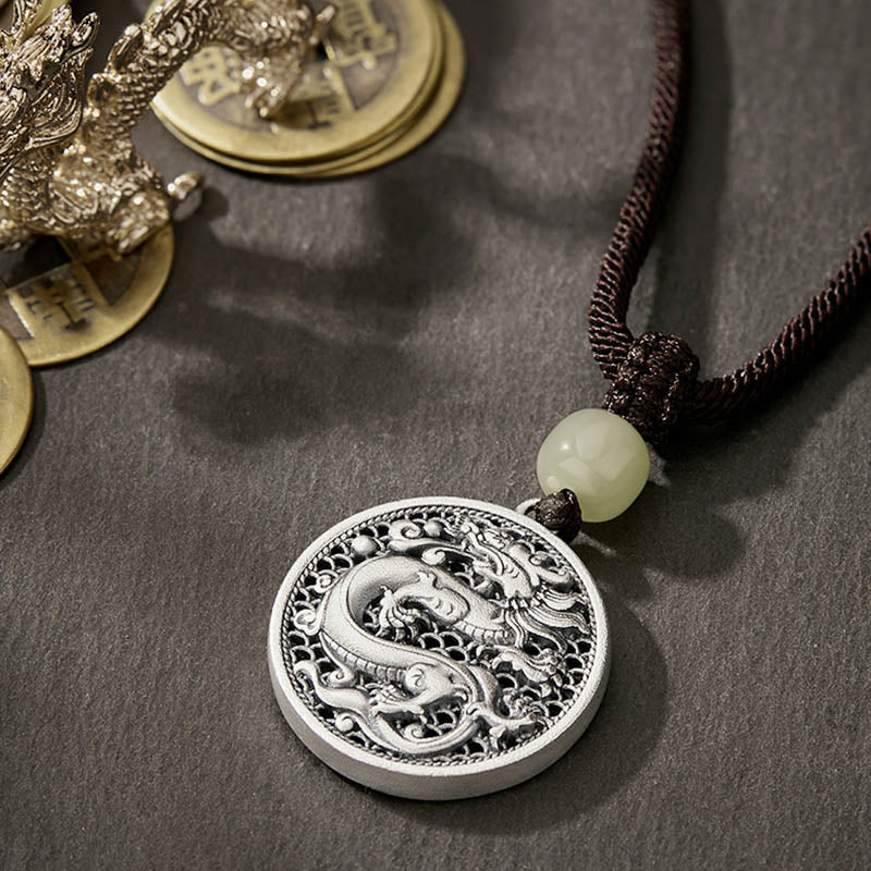 Collar con colgante de plata de ley 999 con Buddha Stones, diseño del Año del Dragón Fu, con carácter de jade hetiano