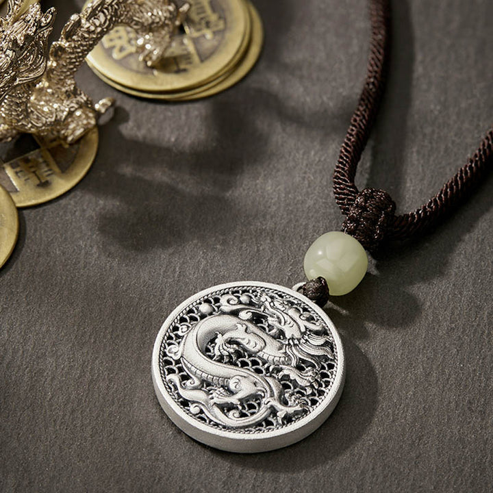 Collar con colgante de plata de ley 999 con Buddha Stones, diseño del Año del Dragón Fu, con carácter de jade hetiano