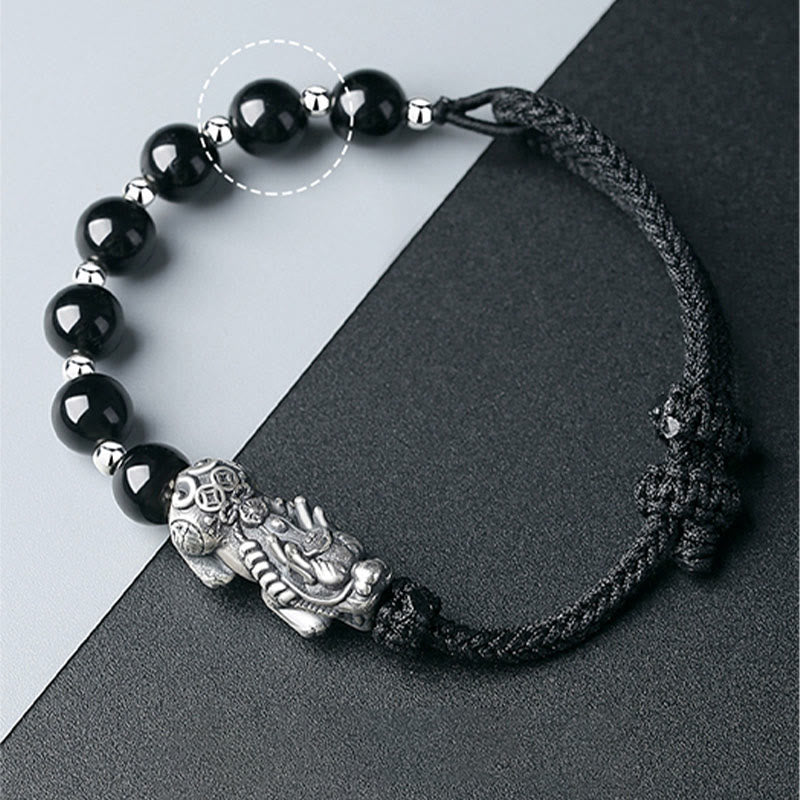 Buddha Stones, Plata de Ley 999, FengShui PiXiu, obsidiana negra Natural, pulsera resistente con cuentas de plata esterlina 925
