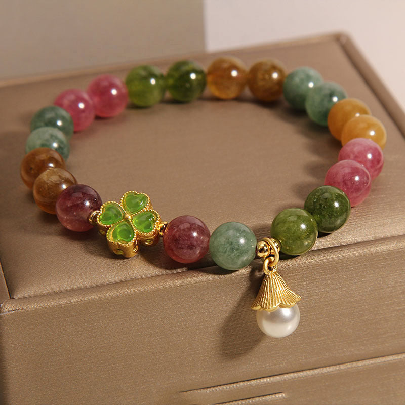 Pulsera de la sabiduría de la flor del trébol de cuatro hojas de la turmalina colorida de las Buddha Stones