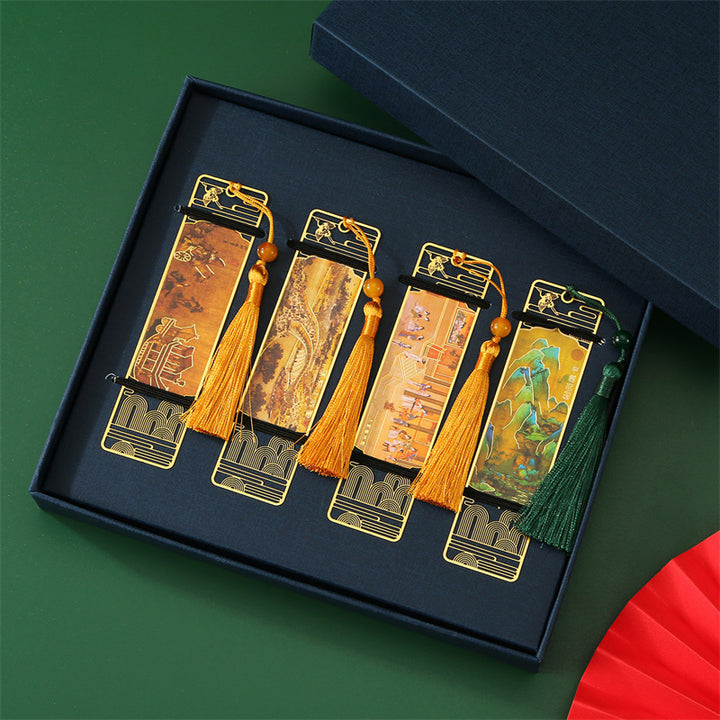 Buddha Stones Un panorama de ríos y montañas Borla de marcadores huecos de metal con caja de regalo