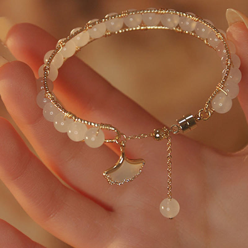 Pulsera de la suerte con cuentas de jade y hojas de ginkgo de Buddha Stones