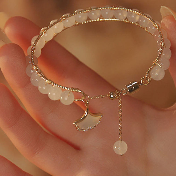 Pulsera de la suerte con cuentas de jade y hojas de ginkgo de Buddha Stones