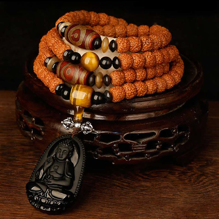 Tíbet 108 Mala cuentas Rudraksha Bodhi semilla zodiaco chino Buda Natal pulsera con dijes de riqueza