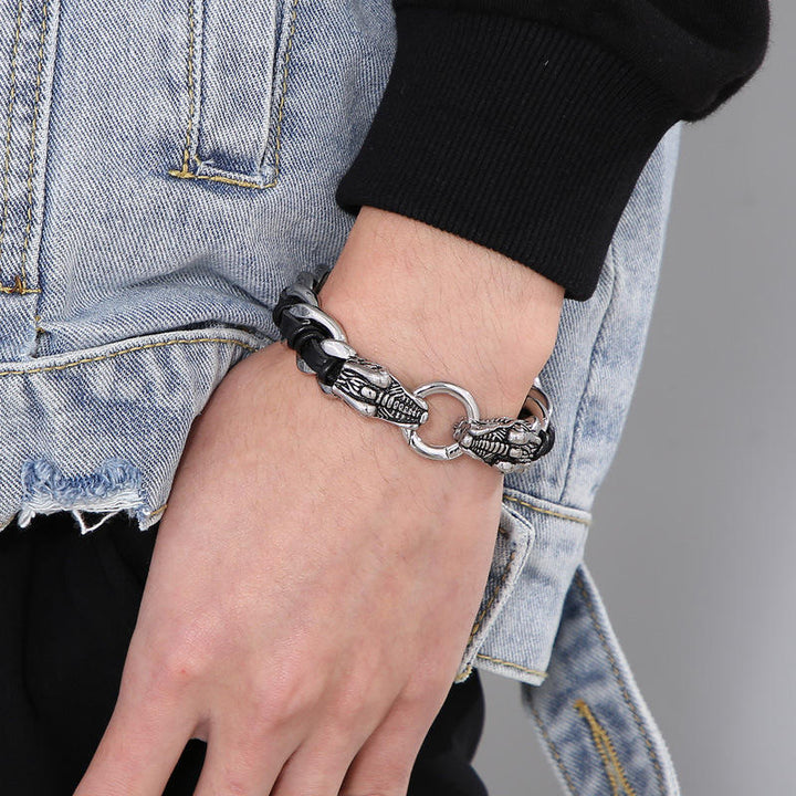 Pulsera trenzada de la suerte con protección de acero titanio y cuero de dragón