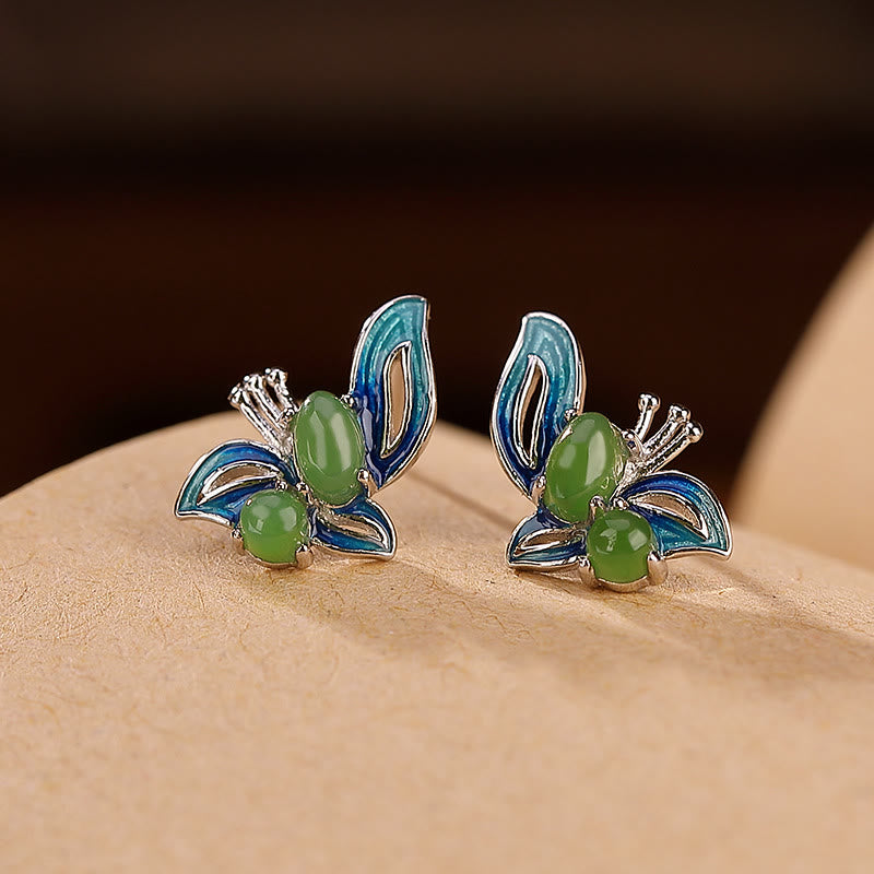 Pendientes curativos de la suerte de mariposa de jade cian natural chapado en plata de ley 925 con Buddha Stones