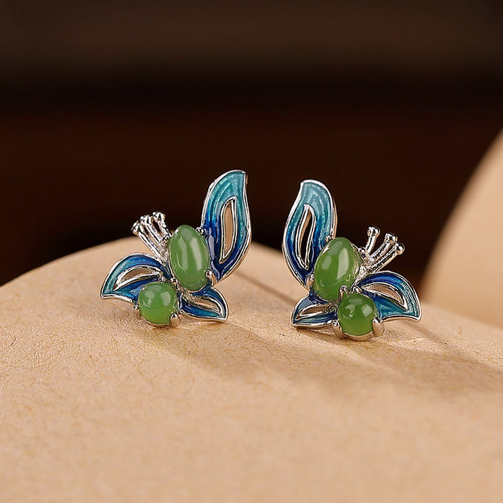 Pendientes curativos de la suerte de mariposa de jade cian natural chapado en plata de ley 925 con Buddha Stones