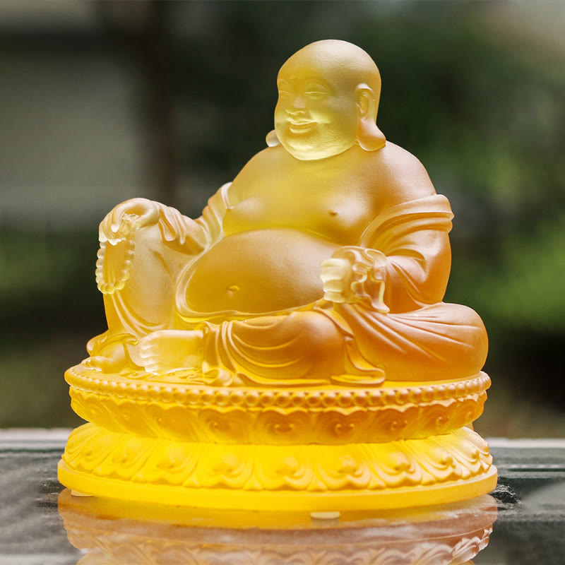 Buddha Stones hechas a mano, estatuilla de Buda sonriente, pieza de arte de cristal Liuli, estatua de riqueza, decoración del hogar