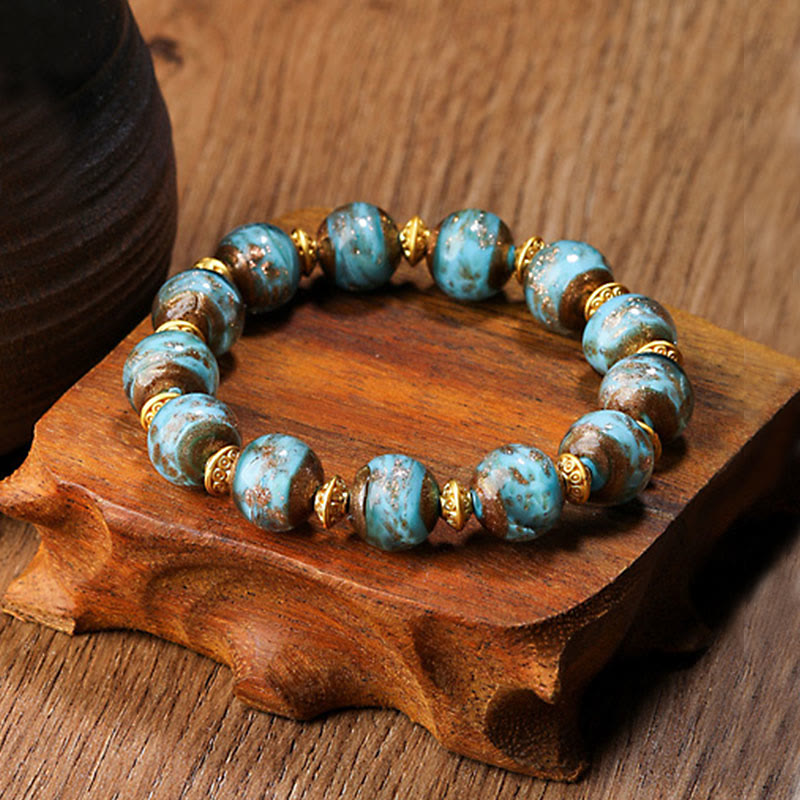 Pulsera de la fortuna con cuentas de cristal Liuli, dije de la familia de la bestia tragadora de oro con Buddha Stones - Azul claro - Versión simple - 12 mm - image 7