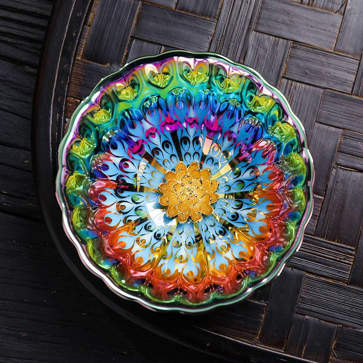 Taza de té de cerámica china Jianzhan colorida con diseño de pavo real vívido con incrustaciones de loto y Buddha Stones , taza de té de kung fu