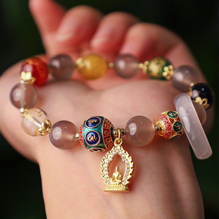 Buddha Stones Ágata gris natural Cinco direcciones Dioses de la riqueza Om Mani Padme Hum Pulsera con dijes de Buda