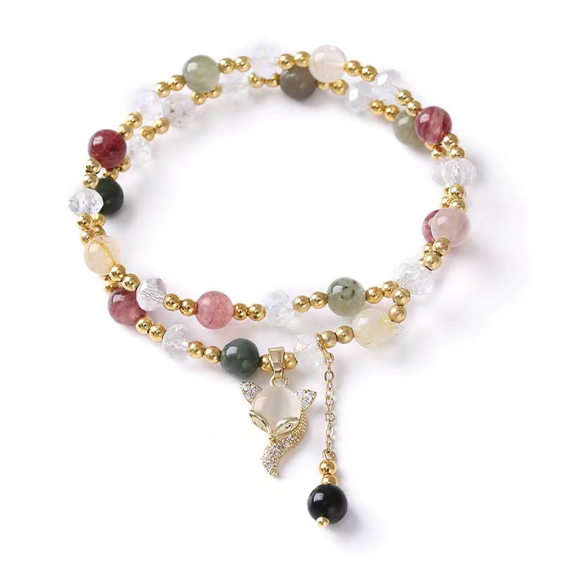 Pulsera de doble vuelta con protección de zorro de cuarzo rutilado multicolor con Buddha Stones