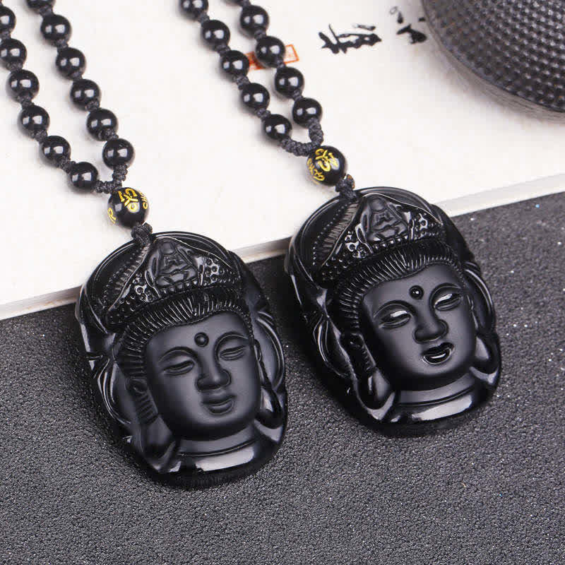 Buddha Stones Obsidiana Negra Natural Kwan Yin Avalokitesvara Collar de Cuerda de Fuerza Colgante - image 2